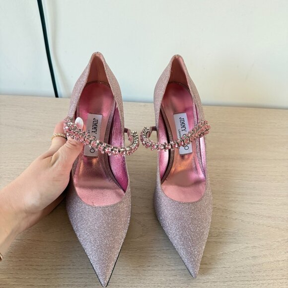 Jimmy Choo Bing 85 Pumps Sz 37 Pink Glitter Crystal Embellished Pointed Toe - Picture 6 of 14